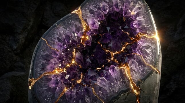 Amethyst geode with gold kintsugi cracks.