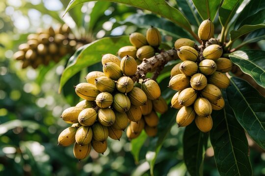 Cluster of ripe Gnetum gnemon seeds hangs on tree branch with lush green foliage. Yellowish drupes grow in bunches, ready for harvest in tropical gardens. Healthy raw food ingredient.