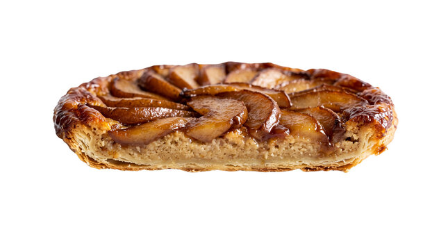 Gourmet pear tart with caramelized fruit slices, rustic french apple galette on white background, sweet puff pastry dessert for bakery menu