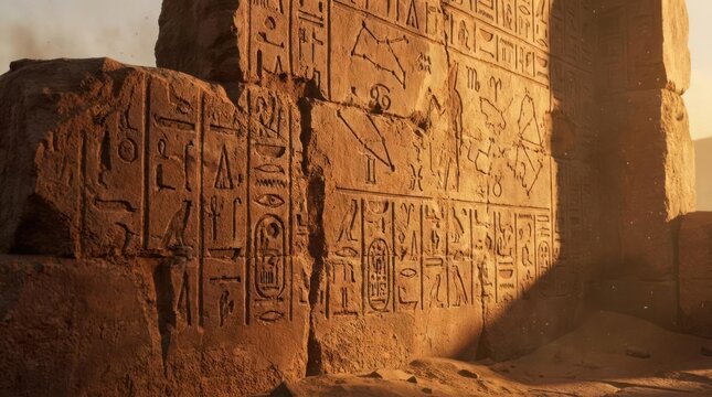 Ancient Egyptian hieroglyphs carved into golden stone wall.
