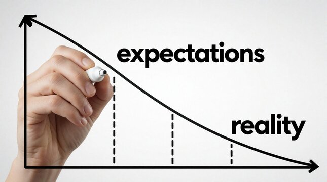 A hand draws a downward trend line graph showing the gap between high expectations and low reality. The chart illustrates the challenge of meeting ambitious goals, causing disappointment.
