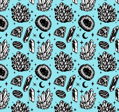 Vintage seamless repeat pattern of gem and crystal illustration in a vector style illustration 