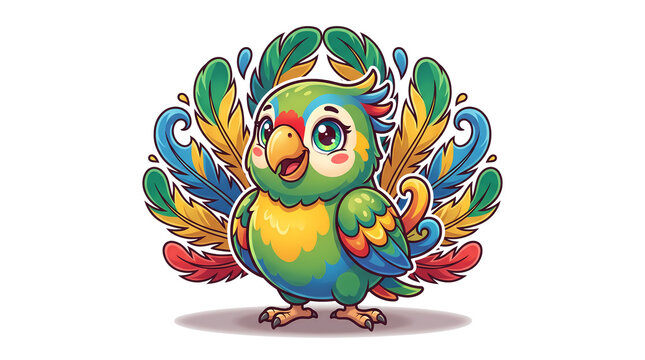 Cute Colorful Parrot Character with Decorative Tropical Feathers, Cartoon Bird Illustration
