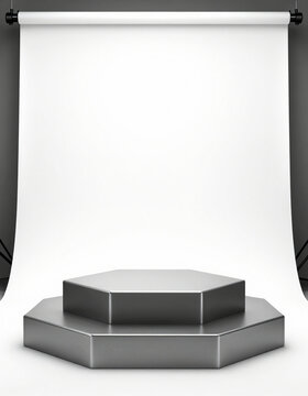 metallic hexagonal podium three tiers standing white studio backdrop softly illuminated even lighting
