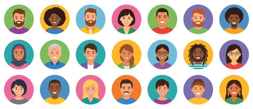 Diverse smiling people avatar set | Multicultural men women and seniors faces in colorful circles | Various human profile icons | Flat vector illustrations isolated