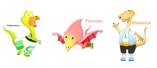 Cartoon Dinosaur Characters, Dressed Dinosaurs, Pterosaur, Allosaurus, Cute Illustration Isolated on White Background © Jihua