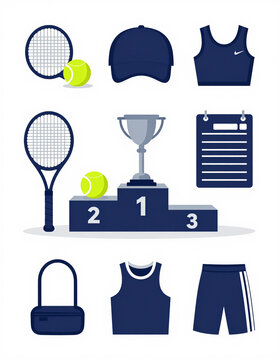 tennis tournament elements racket handles balls winner podiums match schedules sportswear arranged flat lay