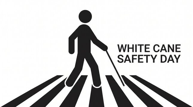 White Cane Safety Day concept, blind person silhouette with walking stick on crosswalk, visual impairment awareness and accessibility poster