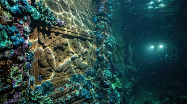 Ancient stone carvings submerged in dark deep water.
