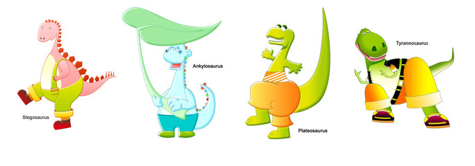 Cute anthropomorphic cartoon dinosaurs, Stegosaurus, Brachiosaurus, Plateosaurus, Tyrannosaurus Rex, wearing colorful clothes, children educational illustration isolated on white background © Jihua