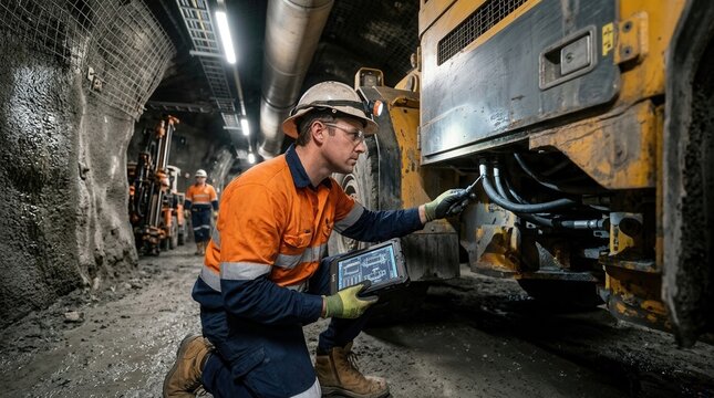Miner Inspecting Heavy Machinery with Tablet in Underground Mine