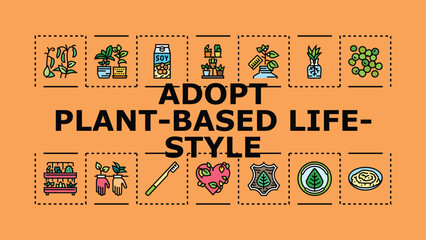 Obraz premium Adopt plant-based lifestyle banner infographic. Balance greens, tofu wellness, environment health icon vector illustration