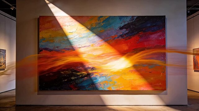 Richly colored abstract painting with heavy brushstrokes displayed in a modern art gallery