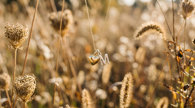 Golden heart necklace with letter M pendant, elegant jewelry in autumn field, romantic gold locket in sunset light, sentimental gift concept