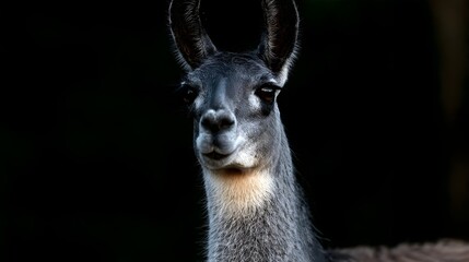 Fototapeta premium Close up portrait of a gray llama with large ears and dark eyes set against a dark background