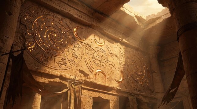 Ancient temple ruins with sun rays hitting stone carvings