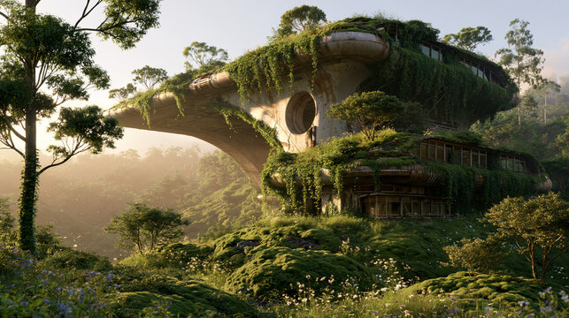 Advanced sustainable biodome building merging with dense jungle environment.