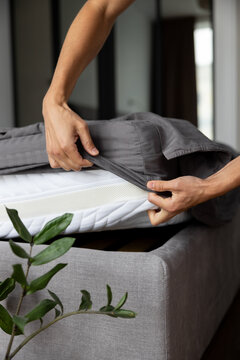 Close-up of hands putting grey bedsheet on a white mattress of a grey bed. Housekeeping process, premium cotton bedding, professional room service, and cleanliness. a potted Zamioculcas near the bed.