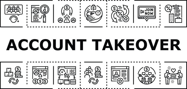 Account takeover banner infographic. Protection phishing, credentials fraud, password malware icon vector illustration