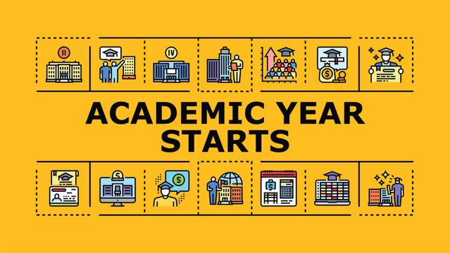 Academic year starts banner infographic. Orientation enrollment, campus students, reopening syllabus icon vector illustration