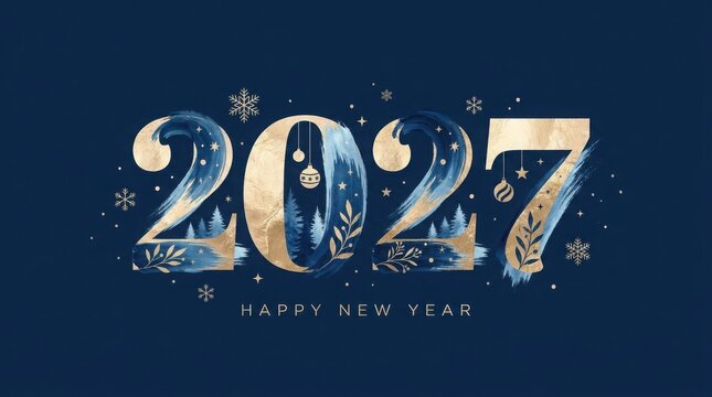 2027 happy new year artistic watercolor text on blue