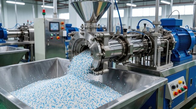 Industrial machine processes plastic pellets for manufacturing. Blue and white beads pour from extruder into metal bin, factory production line in operation.