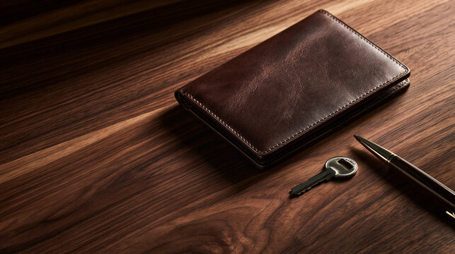Brown leather wallet key and pen on a dark wooden table.