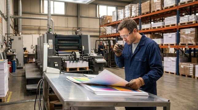 Printing press operator inspecting color swatches and proofs in a large commercial print shop with machinery and shelves of paper stock.