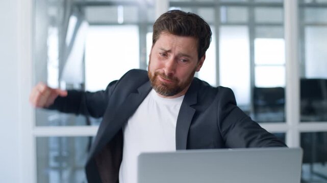 Stressed burnout Caucasian business man working with papers throwing documents away angry bad data problem feeling headache middle-aged businessman failed work throw reports mature male in office