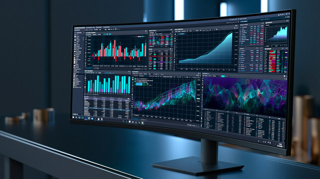 Curved ultrawide computer monitor with multiple data dashboards and stock market charts.