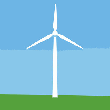 Modern white wind turbine standing in a green field under a clear blue sky, representing renewable energy, sustainable power generation, and clean eco-friendly technology concept