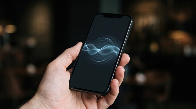 Hand holding smartphone displaying abstract blue voice wave interface, representing artificial intelligence assistant, speech recognition technology and audio communication.