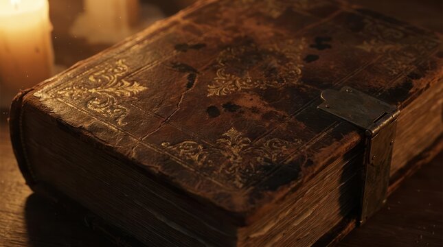 Antique leather bound book with ornate gold filigree details.