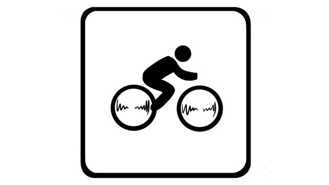 Animated simple bicycle lane sign icon with cyclist riding and moving wheels