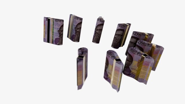 3D motion graphic loop of Angola 5000 Kwanzas cash bundles in seamless loop, isolated green screen backdrop. Best for wealth management.