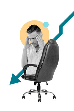 Composite trend artwork sketch image 3D photo collage of&nbsp;young man work office worker armchair think mind brainstorming arrow down crisis