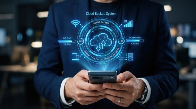 Man using smartphone with futuristic cloud backup system hologram projection showing upload download speeds and storage status, secure data synchronization technology concept