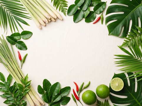 Lemongrass and fresh herbs framing a cream background