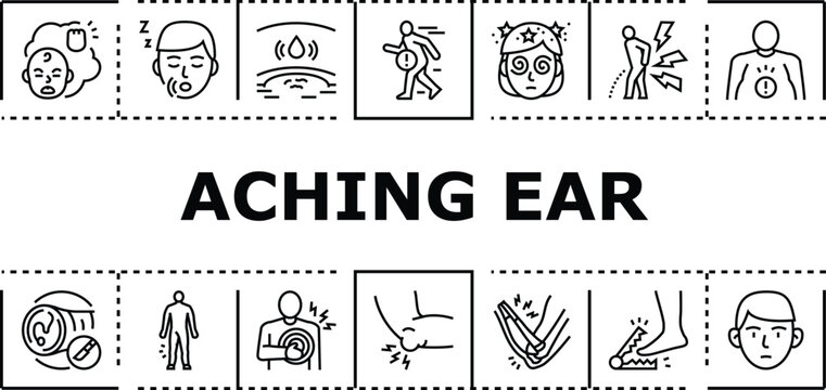 Aching ear banner infographic. Earache hearing, canal membrane, treatment ache icon vector illustration