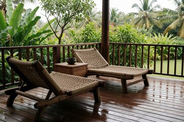 Obraz premium Empty wooden terrace chairs and table sit on wet deck. Tropical resort backyard with rich green plants and palm trees. Nobody uses this patio after rain in summer.