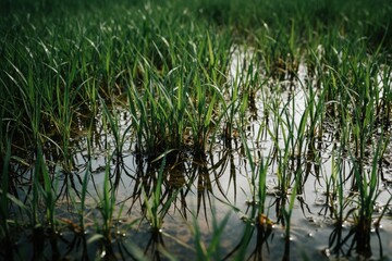 Fototapeta premium Green grass blades grow in shallow water covering wet ground. Reflections of plants in pooled water create natural texture. Fresh vegetation thrives in a marshy outdoor area after rainfall.