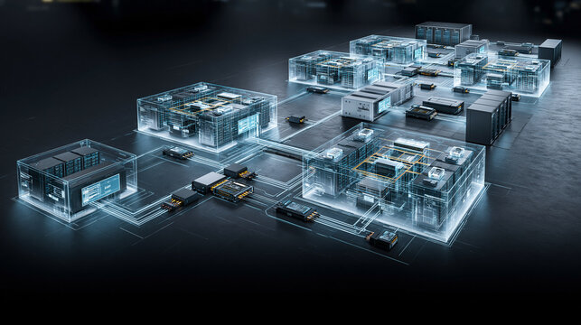Digital schematic overlay of server cluster network highlights complex connectivity within data infrastructure.