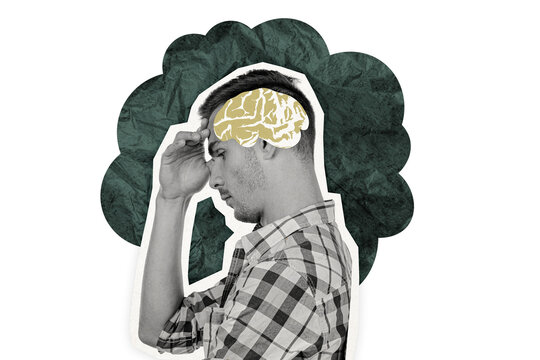 Composite photo collage of serious businessman think strategy brainstorm inside head brain organ dilemma isolated on painted background