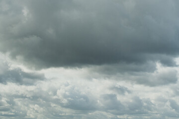 Obraz premium Dramatic cumonimbus cloud in the blue sky before a heavy rain storm. Huge fluffy textured cloudscape backdrop, powerful meteorology environment and weather forecast concept. Majestic natural scenery. 