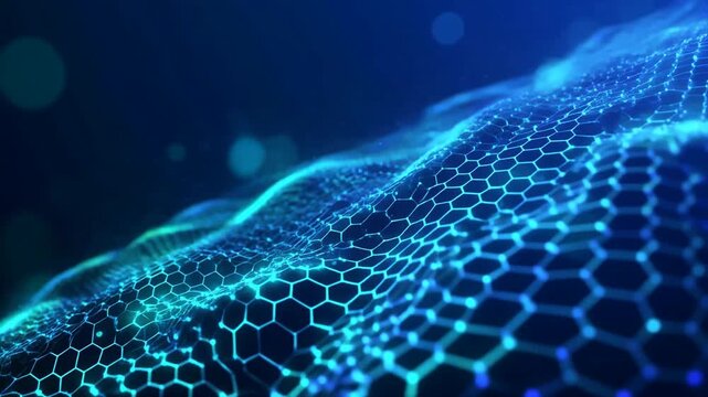 Hexagonal mesh structure shining with turquoise light nodes to visualize secure cryptography and coding.