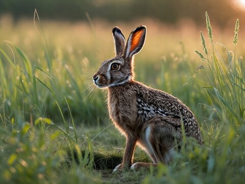 Wild European Hare in a Grassy Meadow at Sunset