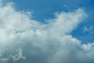 Fototapeta premium Scenic blue sky filled with dense white and grey cumulus clouds during daytime. Dramatic natural meteorology background, freedom lifestyle and peaceful environment concept. Clean air cloudscape. 