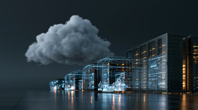 Futuristic cloud computing concept with server racks and glowing data streams.