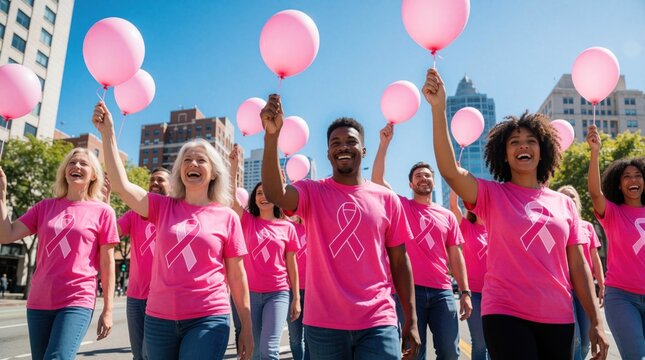 Diverse group walks in city parade for breast cancer awareness event. People wear pink shirts with ribbon logo and hold pink balloons. Sunny day shows community support and hope.