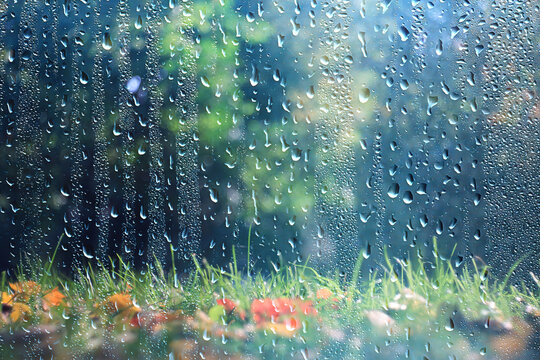 Wet weather, drops of autumn rain on the glass, autumn landscape outside the window, weather change